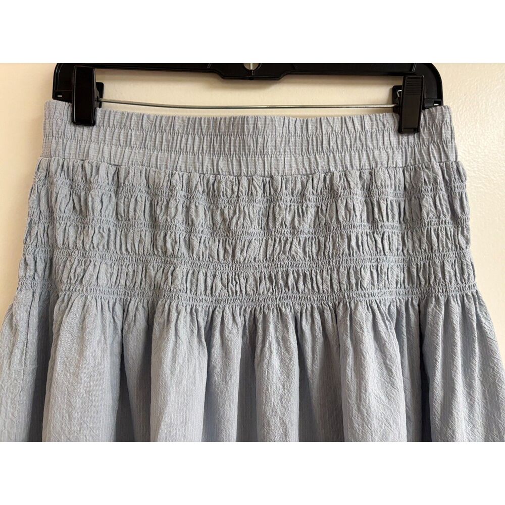 Blue Cotton Modal Midi Skirt M Smock High Waist Resort Crinkle Pinstripe Peasant - Picture 6 of 8